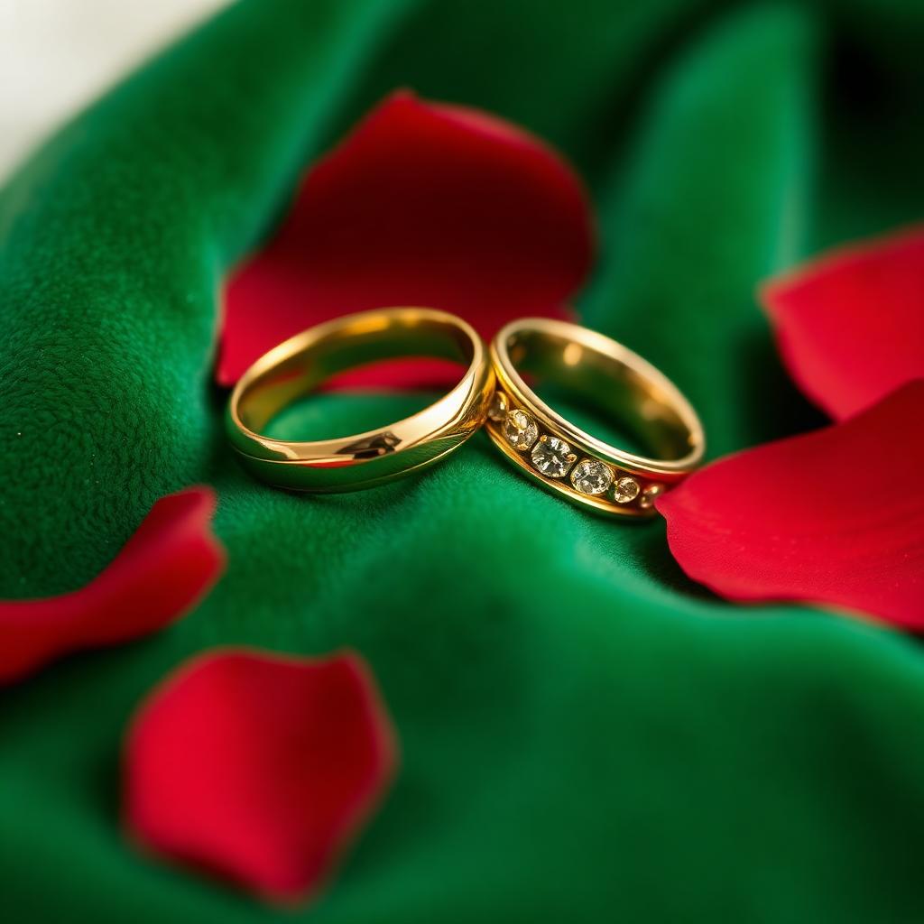 Gold wedding rings on emerald velvet